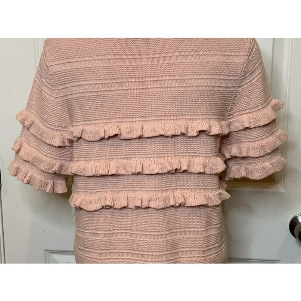 Kate Spade Pale Pink Ruffle Striped Short Sleeve Sweater, Size M